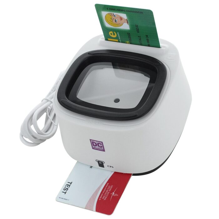 Lecteur DC300 avec carte Vitale et CPS insérées, conçu pour les professionnels de santé